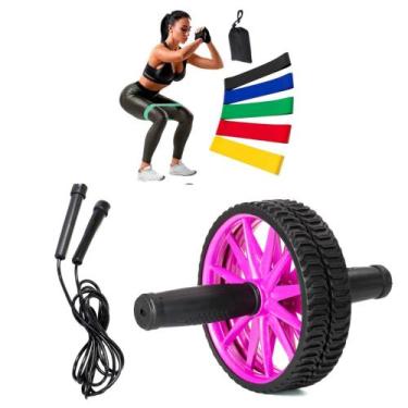 Imagem de Kit roda abdominal + 5 Elástico + Corda para pular Treino Fitness Func