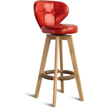 Imagem de Cadeira De Bar Cadeira Apoio Para Os Pés Com Encosto Pu Giratório Assento Vermelho Jantar Para Cozinha Pub Café Bar Com Pernas De Madeira Max. Carga 150 Kg, Wood, Seat height:84cm