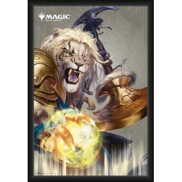 Imagem de BUY ART FOR LESS Pôster de arte emoldurado oficialmente licenciado por Magic the Gathering - Ajani - 61 x 91 cm - Moldura de madeira resistente com vidro plexi - Pronto para pendurar