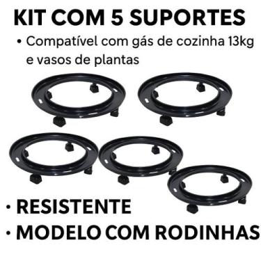 Imagem de Kit 5 Suportes Botijão de gás ou Vaso de Planta Preto c/ rodinhas - Er