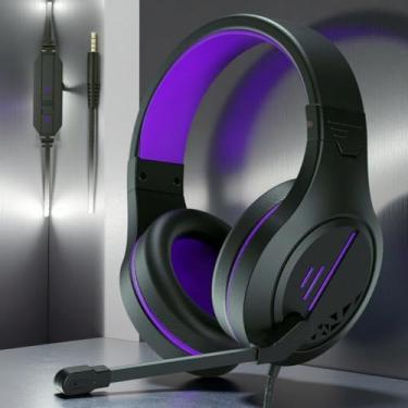 Imagem de Bocodow Fone de ouvido roxo para jogos com microfone para computador, fones de ouvido com fio para jogos com microfone, controle de volume de graves profundos para jogos/trabalho/escola