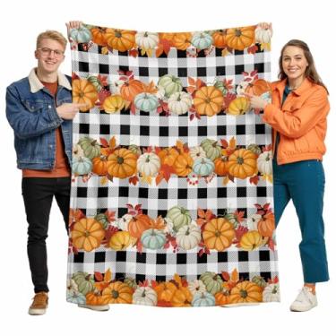 Imagem de Cobertores de cama laranja para outono de Ação de Graças Abóbora Folha de Bordo Cobertor para Cães Piquenique Praia Viagem Cama, Cobertor de Cama de Microfibra, 101,6 x 127 cm, Branco Preto Xadrez