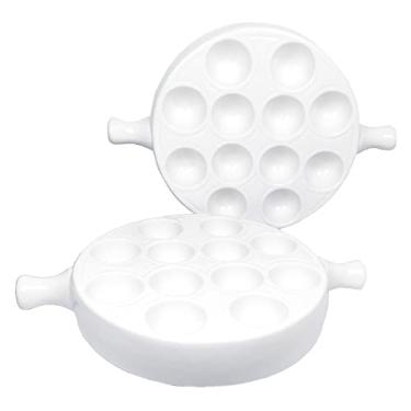 Imagem de Pratos de Escargot de cerâmica (pacote com 2) 23,66 cm com pegador de pés, conjunto de furos seguros para o forno para casa, restaurante, hotel (branco, 23,66 cm)