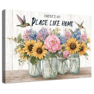 Imagem de Arte de parede rústica com flor de flor de girassol rosa colorida para cozinha, porta da frente, casa de fazenda, não há lugar como placa de casa, decoração de parede, quarto, sala de estar, decoração