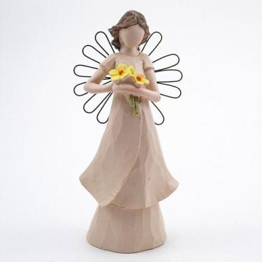 Imagem de Imagem Anjo Asa Arame com Flor Resina 15 cm - Amém Decoração Religiosa