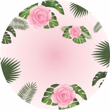 Imagem de Painel de Tecido Sublimado Redondo Tropical Fundo Rosa Folhagem e Flor