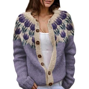 Imagem de Suéter de cardigã Akivide feminino com estampa floral, tricotado, outo