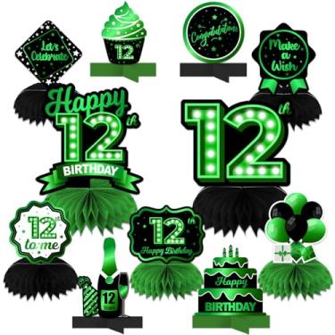 Imagem de Happy 12th Birthday Mesa verde e preta centros de mesa balões tema decoração decoração de mesa topos de mesa para meninas mulheres princesa 12 anos de idade aniversário festa aniversário suprimentos