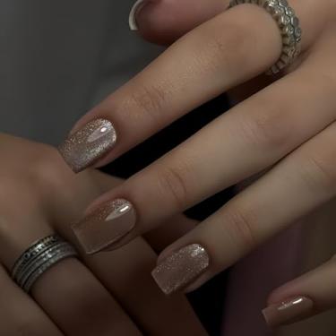 Imagem de SXVME 30 peças de unhas curtas quadradas com glitter – unhas postiças curtas fortes, unhas postiças, cola de gel macio nas unhas com acabamento esmaltado, bastão brilhante nas unhas para decoração de