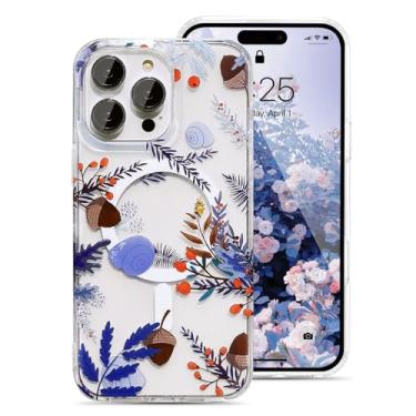 Imagem de UEEBAI Capa magnética para iPhone 15 Pro Max, capa de flores compatível com MagSafe, capa de telefone floral bonita com carregamento sem fio, flores luxuosas, antiamarelamento, capa transparente para