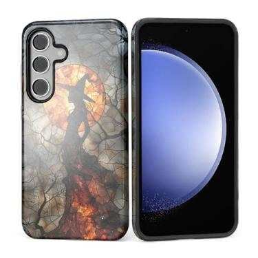 Imagem de Kapadiy Capa para Samsung Galaxy S24, Halloween Witch Moon design de vitral híbrido proteção dupla de silicone rígido PC à prova de choque capa protetora antiarranhões para homens e mulheres