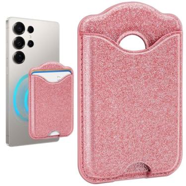 Imagem de Fjcdslwx compatível com carteira magnética Magsafe - Carteira de telefone rosa com glitter para Galaxy S25 Series, iPhone 17/16/15/14/13 para mulheres adolescentes e meninas para Apple Mag, ímã RFID