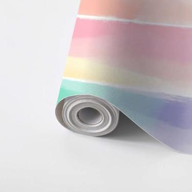 Imagem de Descole e cole papel de parede arco-íris pastéis aquarela arco-íris pincelada listras autoadesivo mural de parede papel de contato amigável para locatário papel de parede para cozinha quarto 45 x 299