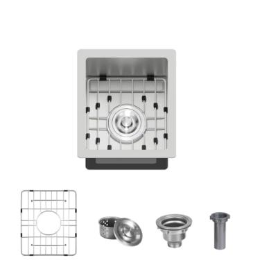 Imagem de Pia de barra de aço inoxidável 304 de 38 x 43 cm, pia de cozinha de tigela única profunda, borda integrada multifuncional, pia de estação de trabalho feita à mão com acessórios