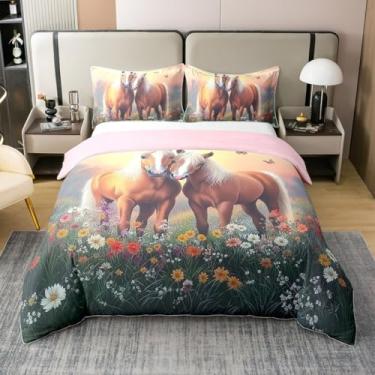 Imagem de Erosebridal Capa de edredom de cavalo 100% algodão, tamanho solteiro, botânica, floral, animal, para crianças, meninas, meninos, conjunto de cama reversível para cama, capa de edredom country estética