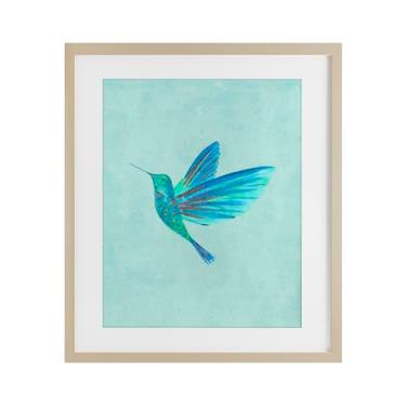 Imagem de Stupell Industries Impressão emoldurada azul beija-flor simples bétula sob vidro, design de Camila Juncos, 21 x 17