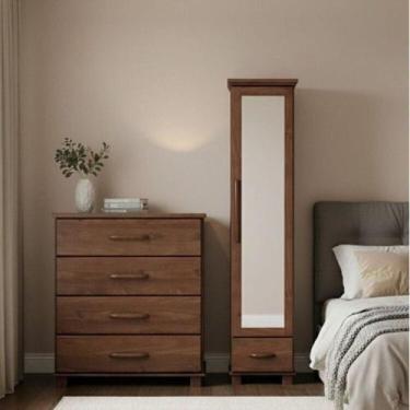 Imagem de Conjunto Cômoda 4 Gavetas + Sapateira com Espelho - 100% Madeira Maciç