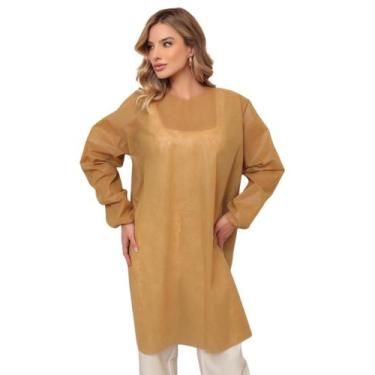 Imagem de 10 Avental TNT Bege Descartáveis com manga longa e elásticos - gardeni