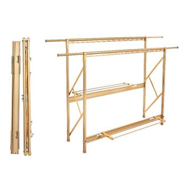 Imagem de Prateleiras de secagem de roupas cabides montadas no chão, suporte de secagem dobrável multifunções de pólo duplo dourado pode mover roupas de quarto de casa, a (B) (A)