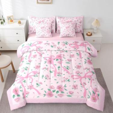 Imagem de Erosebridal Jogo de cama Coquette com laço rosa, 7 peças, floral, laço feminino, para crianças, conjunto de lençol com estampa de primavera e flores, estilo pastoral, princesa sonhadora