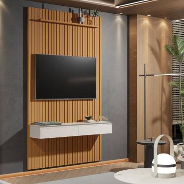 Imagem de Painel Home para Tv 55 Polegadas Suspenso Ripado 2 Gavetas Colorado 1.40 Cedro/Off White