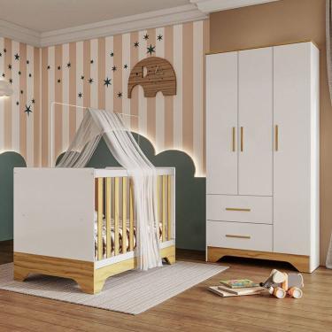 Imagem de Quarto de Bebê Completo Sofi 100% Mdf 3 Portas 2 Gavetas Branco/Amêndoa - Pnr Móveis