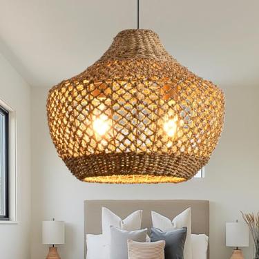 Imagem de ZSLONGYING Pacote De Luminária Pendente De Vime De 14,96", Suspensão De Teto De Vime De Bambu Boêmio Feito À Mão, Estilo Fazenda, Para Cozinha, Ilha, Quarto, Sala De Estar