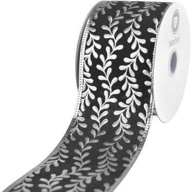Imagem de Homeford Fita com fio de borda metálica de videiras em relevo de Natal, preta, 6,5 cm, 10 jardas