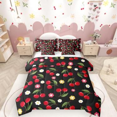 Imagem de Jogo de cama solteiro com estampa floral de cereja vermelha, 7 peças, edredom e lençol kawaii, rosa claro, preto, vermelho, rosa