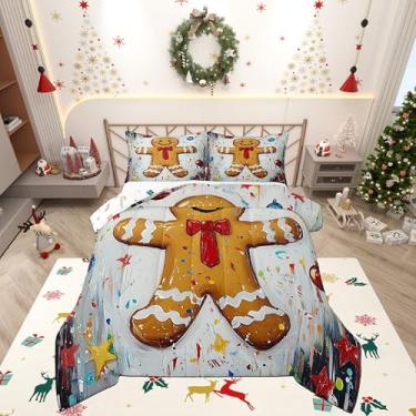 Imagem de Homewish Conjunto de edredom solteiro, estampa de biscoito de gengibre, desenho animado fofo de biscoito e 1 fronha com tema de Natal em aquarela