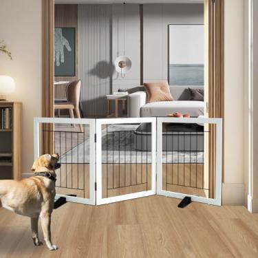 Imagem de ZJSF Portão interno independente para cães, cerca dobrável para portas, corredores ou escadas, portão extra largo de madeira resistente para animais de estimação com pés de apoio, branco