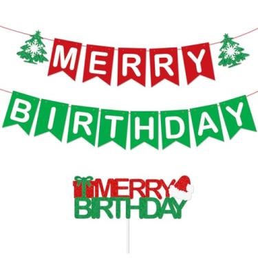 Imagem de ANFEST Faixa de aniversário de Feliz Natal, decoração de festa de feliz aniversário, pré-montagem, cartolina de 300 g, cor vermelha e verde para celebrações de aniversário de Natal