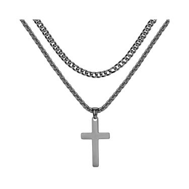 Imagem de Colar de cruz para homens – Colar de crucifixo em camadas de aço inoxidável banhado a ouro 14K, prata e preto, corrente cubana de espinha de peixe, corrente de corrente com pingente de cruz, joias