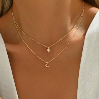 Imagem de 1 colar elegante de camada dupla com estrela e lua, elegante e delicado, design exclusivo, joia deslumbrante presente para encontros e festas, 42+5cm, Cobre, Sem Pedra Preciosa