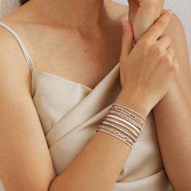 Imagem de 8 pulseiras femininas douradas e prateadas com clipe de papel cubano, espinha de peixe, corrente de contas, conjunto de pulseiras de elos e berloques para mulheres, One Size, Cobre, Sem Pedra Preciosa