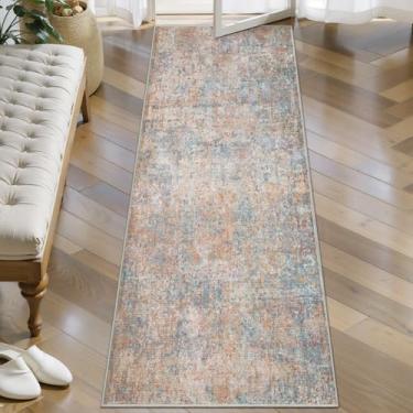 Imagem de Tangsoo Tapete abstrato 5 x 12 lavável para entrada vermelho azul antiderrapante tapete de área pequena, azul ferrugem porta interna laranja azul