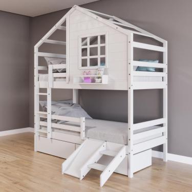 Imagem de Beliche Casinha Com Janela Com 02 Gavetas Kit Escada/escorregador E Grade De Proteção Madeira Maciça Branco Housin