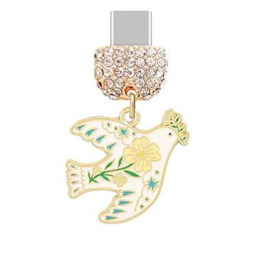 Imagem de ELISE & FONDA TP949 Tipo-C Porta de carregamento de cristal antipoeira Little Peace Dove com pingente de flor e ramo de oliveira para iPhone 15/16/Samsung/OnePlus/Xiaomi/oppo telefones Android (branco