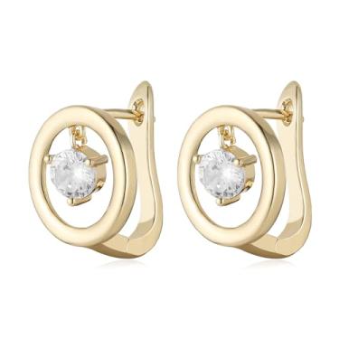 Imagem de HZMAN Brincos de argola femininos banhados a ouro 14K triângulo/redondo de latão brilhante cristal artificial, Latão, Zircônia cúbica