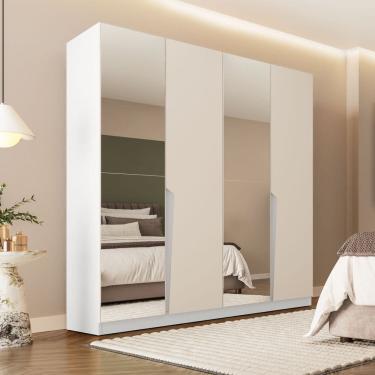 Imagem de Guarda Roupa Roupeiro 4 Portas 4 Gavetas com Espelho Porto Branco Creme Politorno Móveis