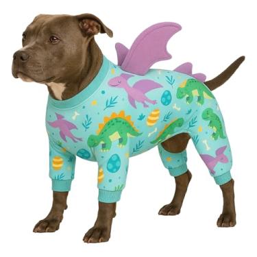 Imagem de LovinPet Pijama grande para cães, macacão elástico de quatro pernas, pijama leve com proteção UV, traje de recuperação calmante anti-lambe para cirurgia, design de asa de dinossauro 3D com pontas