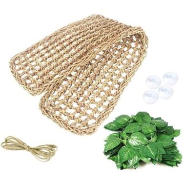 Imagem de 1 rede de dragão barbudo, espreguiçadeira de lagarto para répteis, fibras naturais de alga marinha para animais pequenos, cama de dormir para répteis e 2 peças de folhas de plantas de terrário de