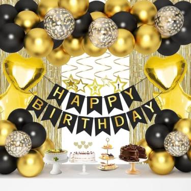 Imagem de Kit de arco de balão preto e dourado com faixa de feliz aniversário - conjunto de decorações de aniversário com balões, recortes de estrelas, redemoinhos e fita pendurados - suprimentos de festa para