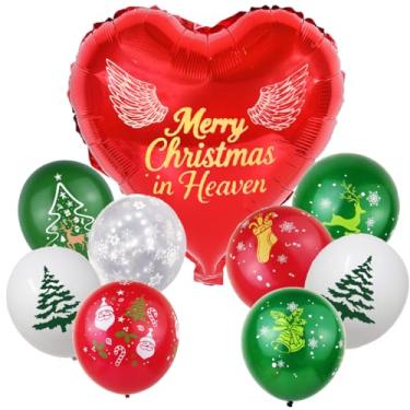 Imagem de Conjunto de balões de memorial de Natal, folha vermelha em forma de coração com balões de látex verdes e brancos, design feliz natal no céu, decoração de jardim de cemitério, 40 x 37 cm