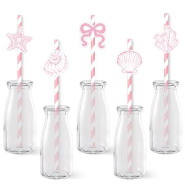 Imagem de Serencatcher Decorações de festa de estrela do mar e concha com laço rosa, 80 peças de canudos de papel listrados com concha rosa e laço para praia, litoral, despedida de solteira, casamento