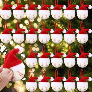 Imagem de Soulchen 24 mini enfeites de beisebol de Natal com chapéu de Papai Noel vermelho de 3,8 cm bolas esportivas de espuma penduradas ornamentos de beisebol decorativos para árvore de Natal, presentes de