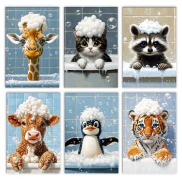 Imagem de 6 kits de pintura por números para adultos iniciantes, girafa acrílica fácil, guaxinim, pintura por número, tigre e gado na banheira, kits de pinturas a óleo DIY em tela sem moldura para decoração de