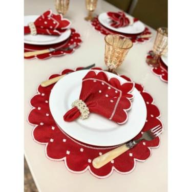 Imagem de Conjunto de 12 jogos americanos estilo americano Jogos americanos para uma mesa de jantar para 6 pessoas Arranjo de mesa Guardanapos redondos Mesa de jantar(Vermelho Poa)