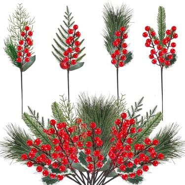 Imagem de Gitechft 12 peças de decoração de Natal, palitos de árvore de Natal de 34,3 cm, palitos florais de Natal, caule de baga vermelha azevinho, vegetação, palitos de pinheiro artificial, galhos para