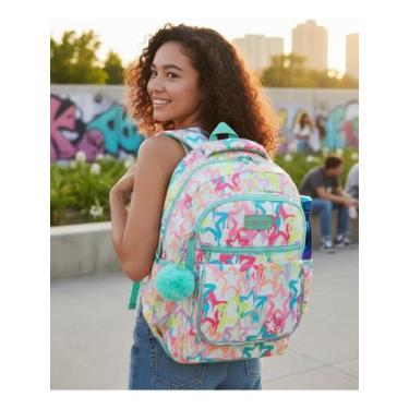 Imagem de Mochila De Costas Escolar Juvenil Feminino Com Chaveiro Pompom - Denle